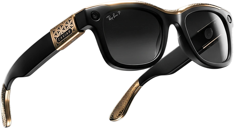 Caviar-crafted Ray-Ban glasses with gold accents and an engraved Caviar plaque on the temple